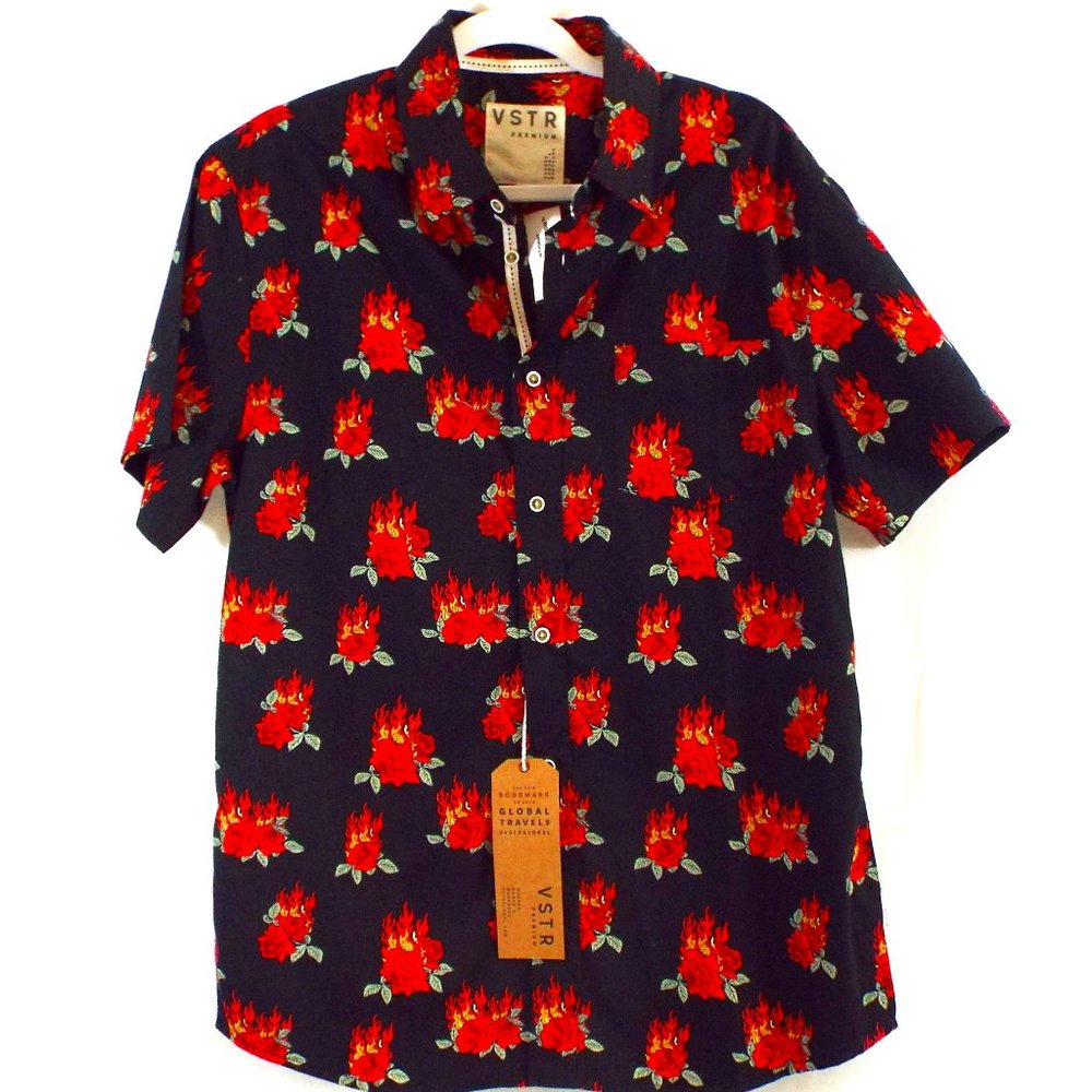 NWT VSTR Young Men’s Black w/Flaming Rose Button-up Short Sleeve Shirt Sz Large
